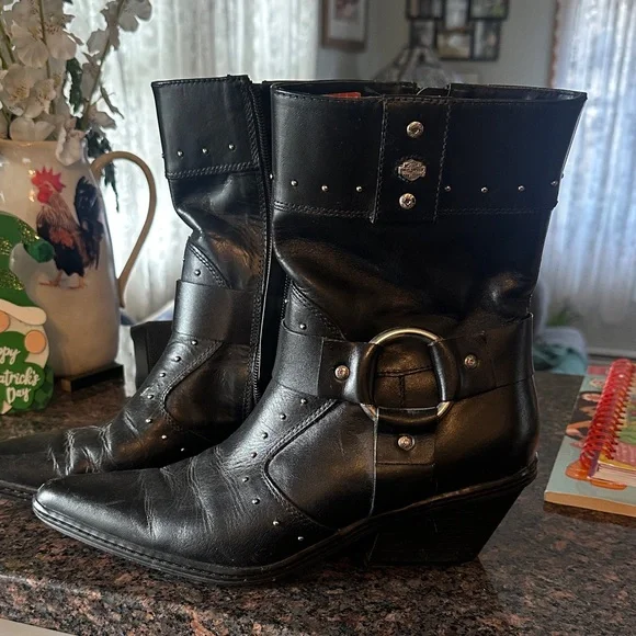 Harley-Davidson Black Leather Heeled Boots - Picture 1 of 4